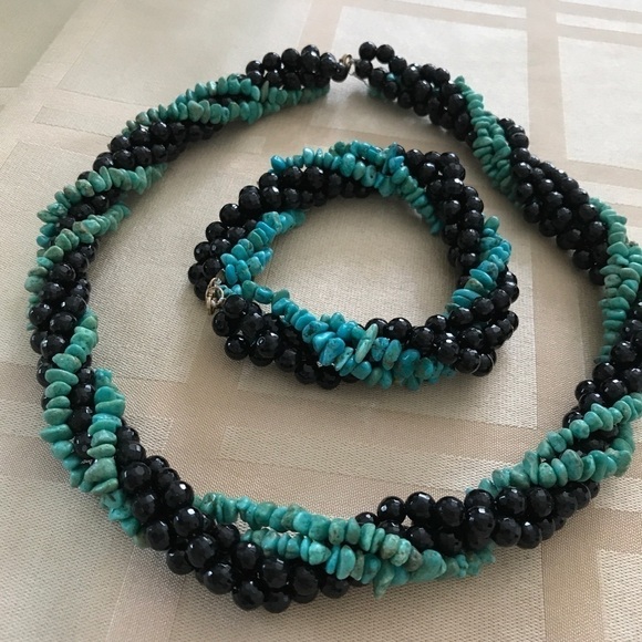 14k Turquoise Black Jet Bracelet Necklace Set - Picture 2 of 12